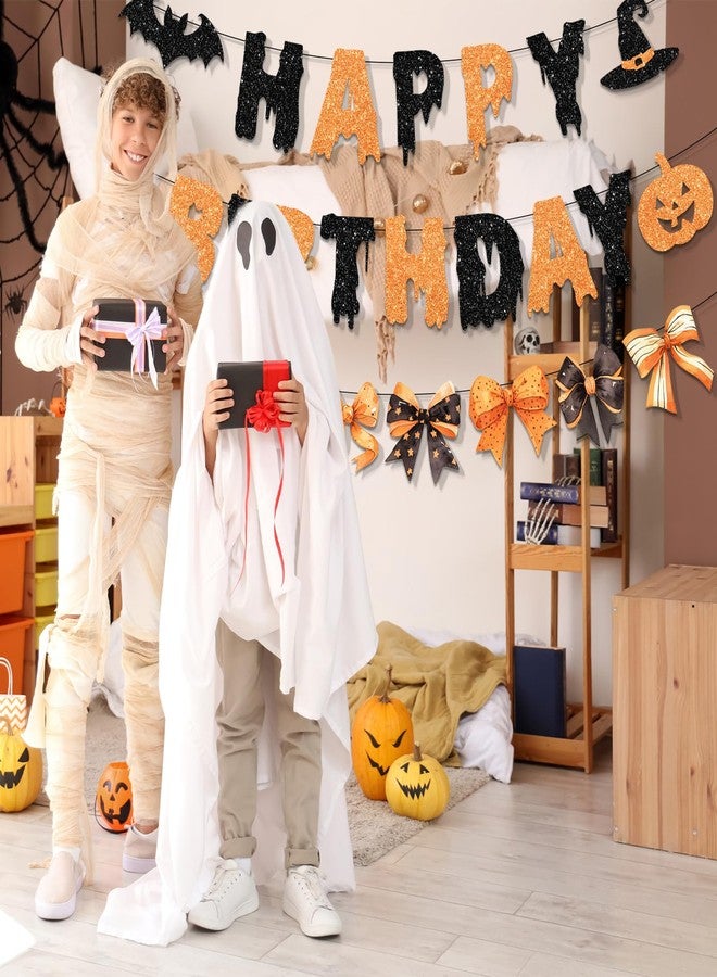 Bezkega Happy Birthday Halloween Banner,Orange Glitter Halloween Birthday Decor Bow Bat Spooky Happy Birthday Banner for Girl Cute Halloween Birthday Decorations - Image 5