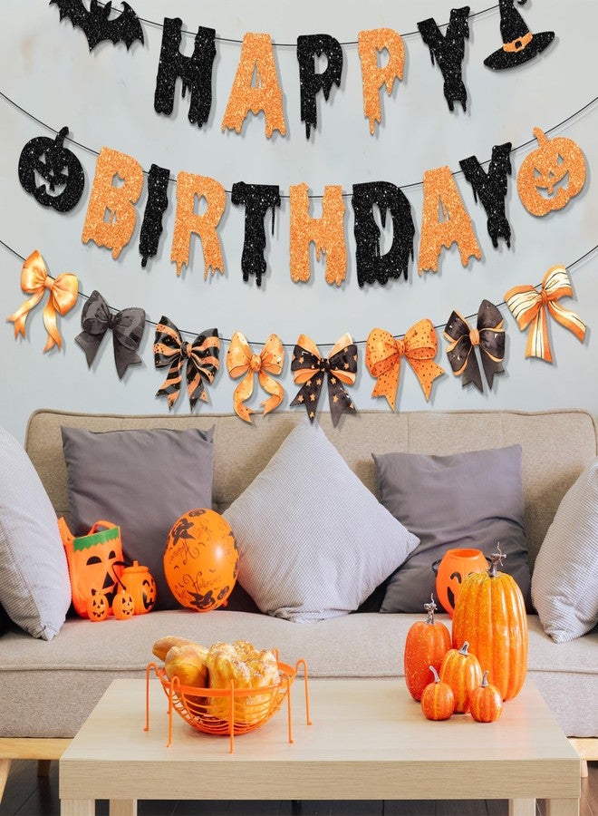 Bezkega Happy Birthday Halloween Banner,Orange Glitter Halloween Birthday Decor Bow Bat Spooky Happy Birthday Banner for Girl Cute Halloween Birthday Decorations - Image 4