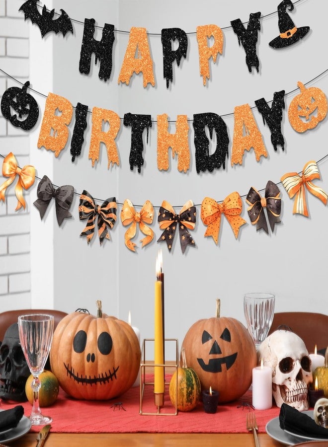 Bezkega Happy Birthday Halloween Banner,Orange Glitter Halloween Birthday Decor Bow Bat Spooky Happy Birthday Banner for Girl Cute Halloween Birthday Decorations - Image 3