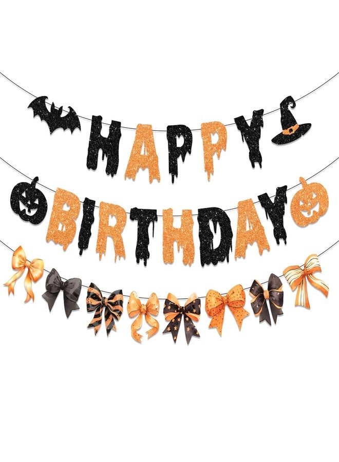 Bezkega Happy Birthday Halloween Banner,Orange Glitter Halloween Birthday Decor Bow Bat Spooky Happy Birthday Banner for Girl Cute Halloween Birthday Decorations - Image 1