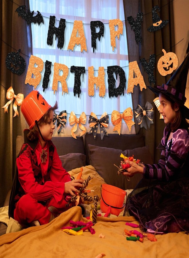 Bezkega Happy Birthday Halloween Banner,Orange Glitter Halloween Birthday Decor Bow Bat Spooky Happy Birthday Banner for Girl Cute Halloween Birthday Decorations - Image 2