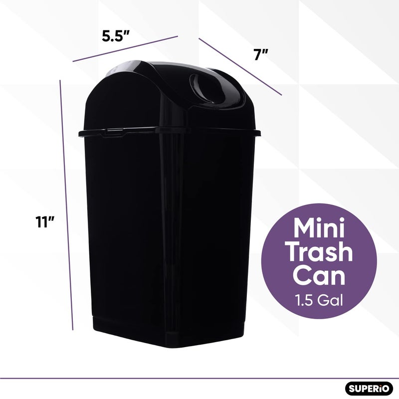 Superio Mini Desktop Trash Can with Swing Top Lid Portable Plastic Garbage Can for Countertop, Desktop, Make up Vanity, Bathroom, Car, Under Sink, Dorm Compact Waste Bin 5 L 1.25 Gal (Black) - Image 2