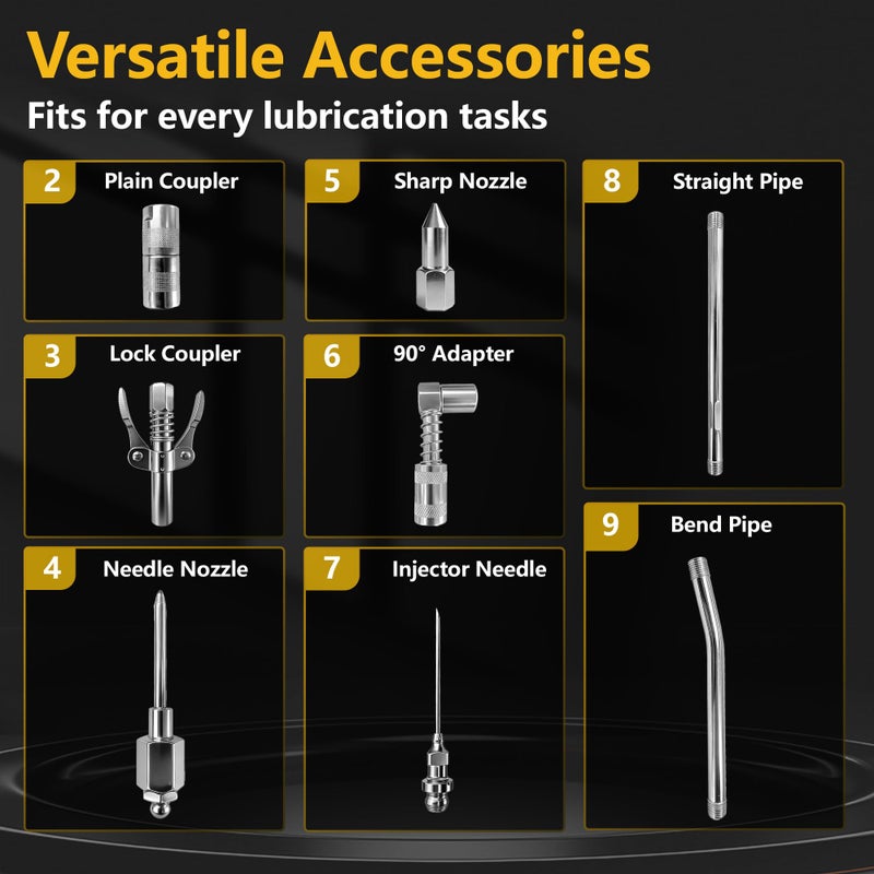 GEVEELIFE 8PCS Grease Gun Accessory Kit,Includes Lock Coupler, 90Â°Adapter, Plain Coupler, Sharp Nozzle,Needle Nozzle, Injector Needle,Straight Pipe,Bend Pipe - Image 2