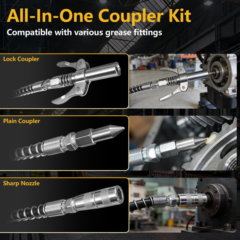 GEVEELIFE 8PCS Grease Gun Accessory Kit,Includes Lock Coupler, 90Â°Adapter, Plain Coupler, Sharp Nozzle,Needle Nozzle, Injector Needle,Straight Pipe,Bend Pipe - Image 3