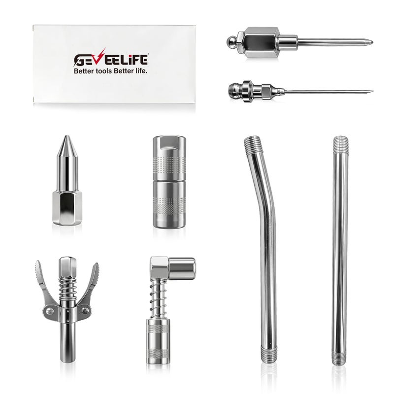 GEVEELIFE 8PCS Grease Gun Accessory Kit,Includes Lock Coupler, 90Â°Adapter, Plain Coupler, Sharp Nozzle,Needle Nozzle, Injector Needle,Straight Pipe,Bend Pipe - Image 1