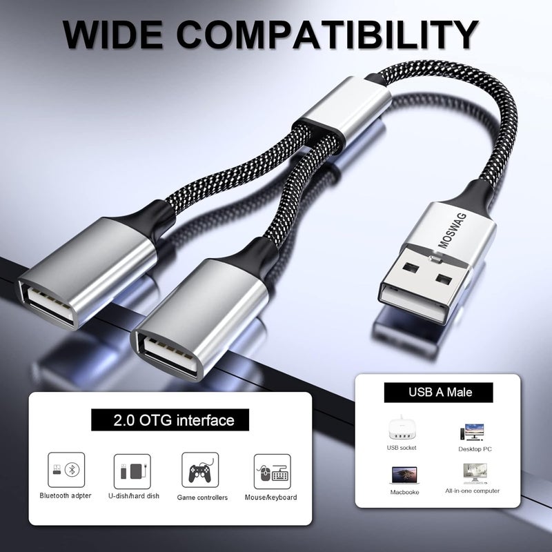 MOSWAG USB Splitter, USB Male to 2Female Adapter, Dual Female to Male Cable for Charging/Data Transfer/Laptop/Mac/Car - Image 2