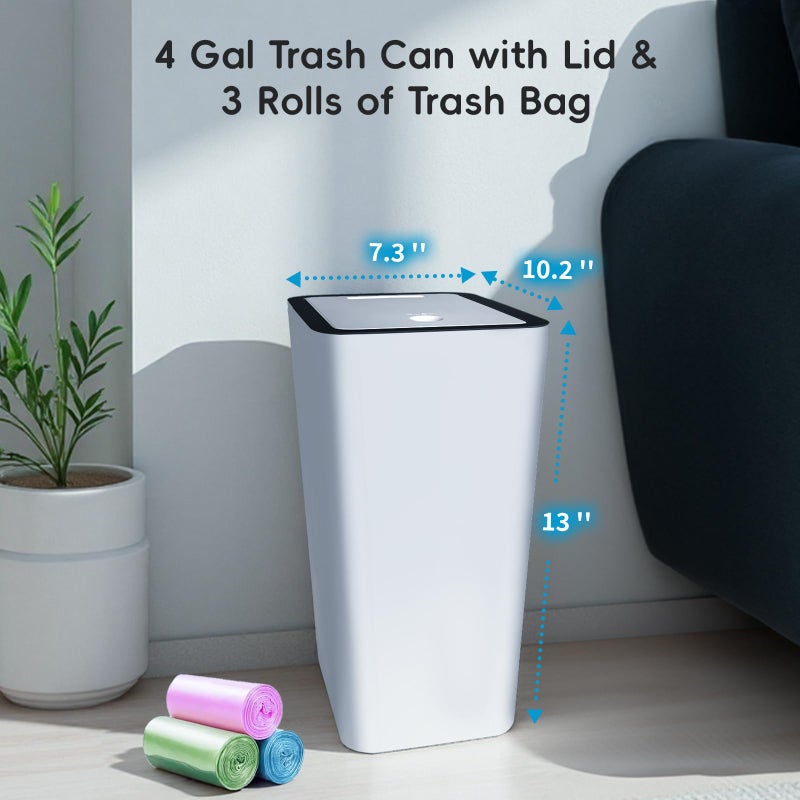 Lysam Small Trash Can, 3 Pack 4 Gallons Bathroom Garbage Can with Lid Press-Top, Small Waste Basket with Trash Bags, Slim Plastic Garbage Bin for Dorm, Office, Bedroom, Kitchen, Living Room (Multi) - Image 2