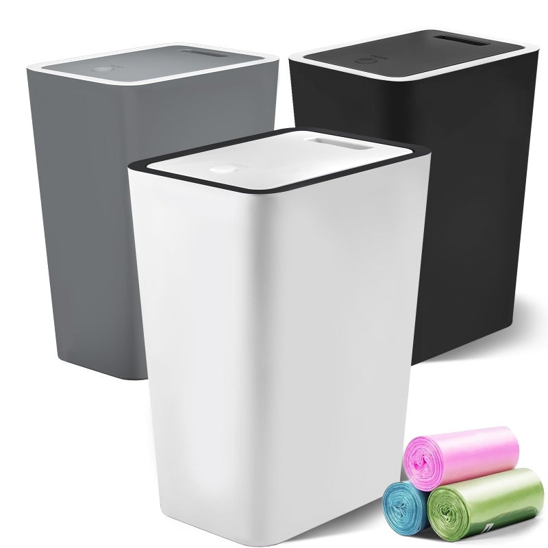 Lysam Small Trash Can, 3 Pack 4 Gallons Bathroom Garbage Can with Lid Press-Top, Small Waste Basket with Trash Bags, Slim Plastic Garbage Bin for Dorm, Office, Bedroom, Kitchen, Living Room (Multi) - Image 1