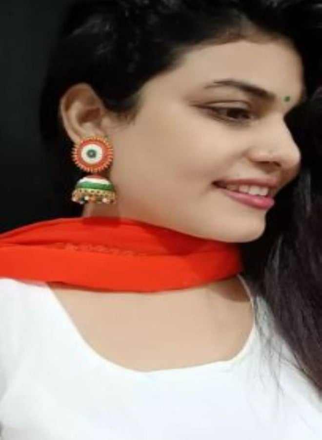 DENICRAAS Women's Traditional Metal Allow Earring Set | Tri Color Jhumka Earrings For Independence, Republic Day | White, Green, Orange | Jhumka Set For Girls - Image 5