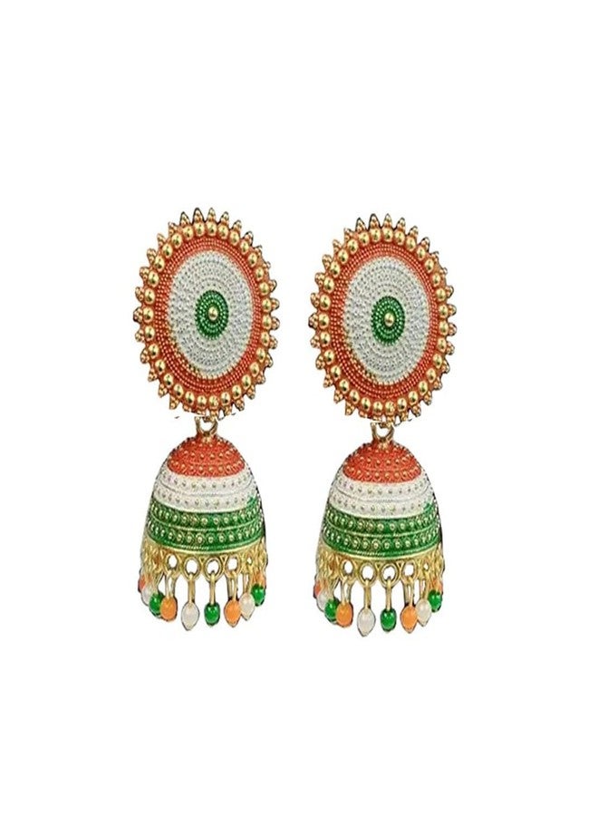 DENICRAAS Women's Traditional Metal Allow Earring Set | Tri Color Jhumka Earrings For Independence, Republic Day | White, Green, Orange | Jhumka Set For Girls - Image 1