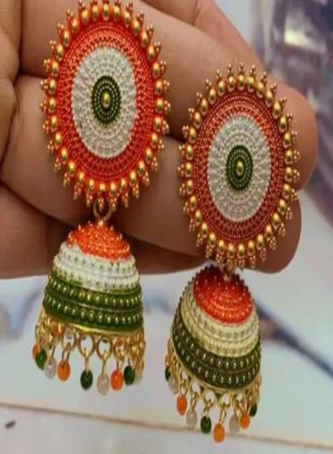 DENICRAAS Women's Traditional Metal Allow Earring Set | Tri Color Jhumka Earrings For Independence, Republic Day | White, Green, Orange | Jhumka Set For Girls - Image 2