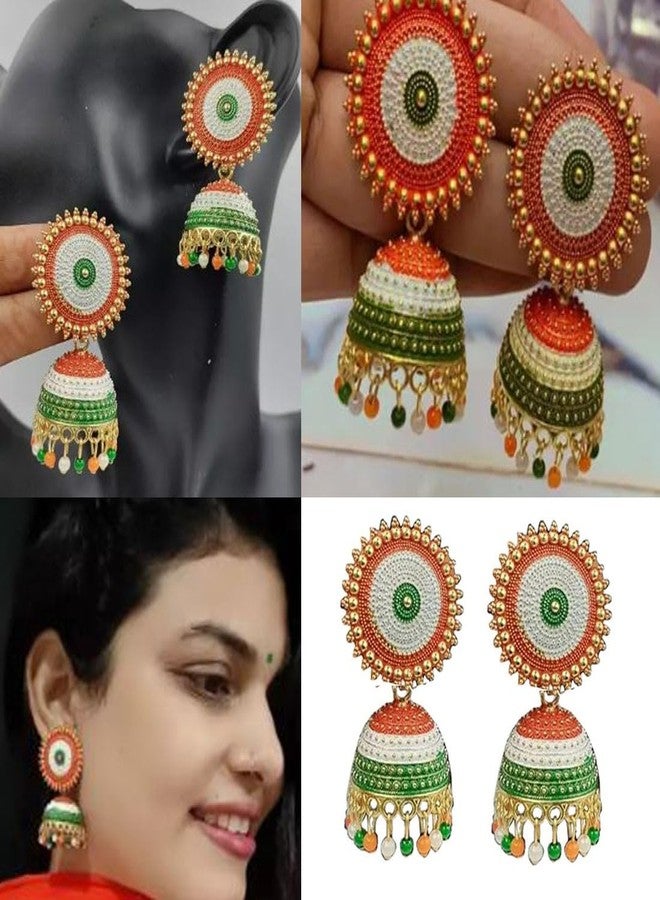 DENICRAAS Women's Traditional Metal Allow Earring Set | Tri Color Jhumka Earrings For Independence, Republic Day | White, Green, Orange | Jhumka Set For Girls - Image 3