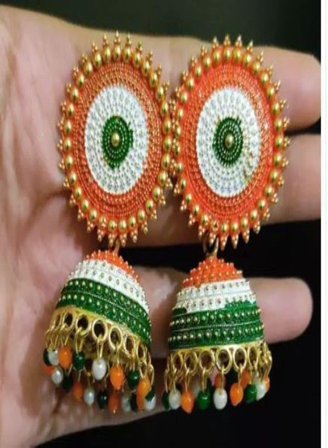 DENICRAAS Women's Traditional Metal Allow Earring Set | Tri Color Jhumka Earrings For Independence, Republic Day | White, Green, Orange | Jhumka Set For Girls - Image 4