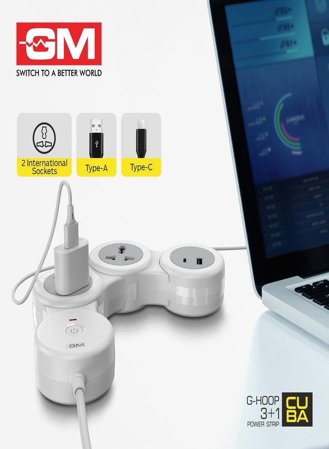 جنرال موتورز واقي التيار الكهربائي GM G-Hoop 3+1، لوحة تمديد صغيرة الحجم مزودة بمنفذ USB-A ومنفذ Type-C، شريط طاقة أنيق مع مفتاح رئيسي ومؤشر LED وكابل بطول 1.8 متر، مقابس عالمية للأجهزة اليومية، مناسب للسفر - Image 2