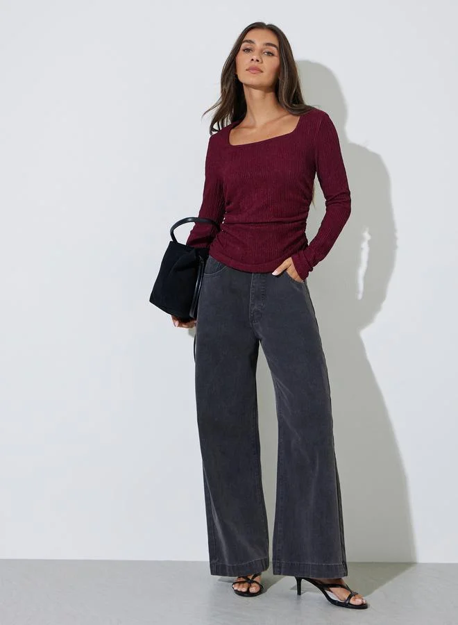 Styli Burgundy Textured Square Neck Long Sleeves Top