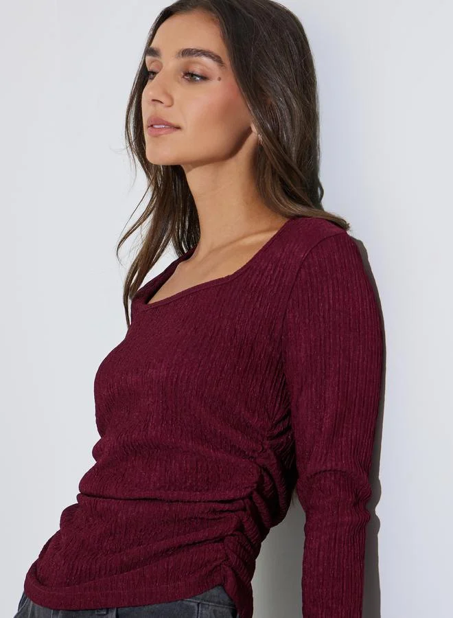 Styli Burgundy Textured Square Neck Long Sleeves Top
