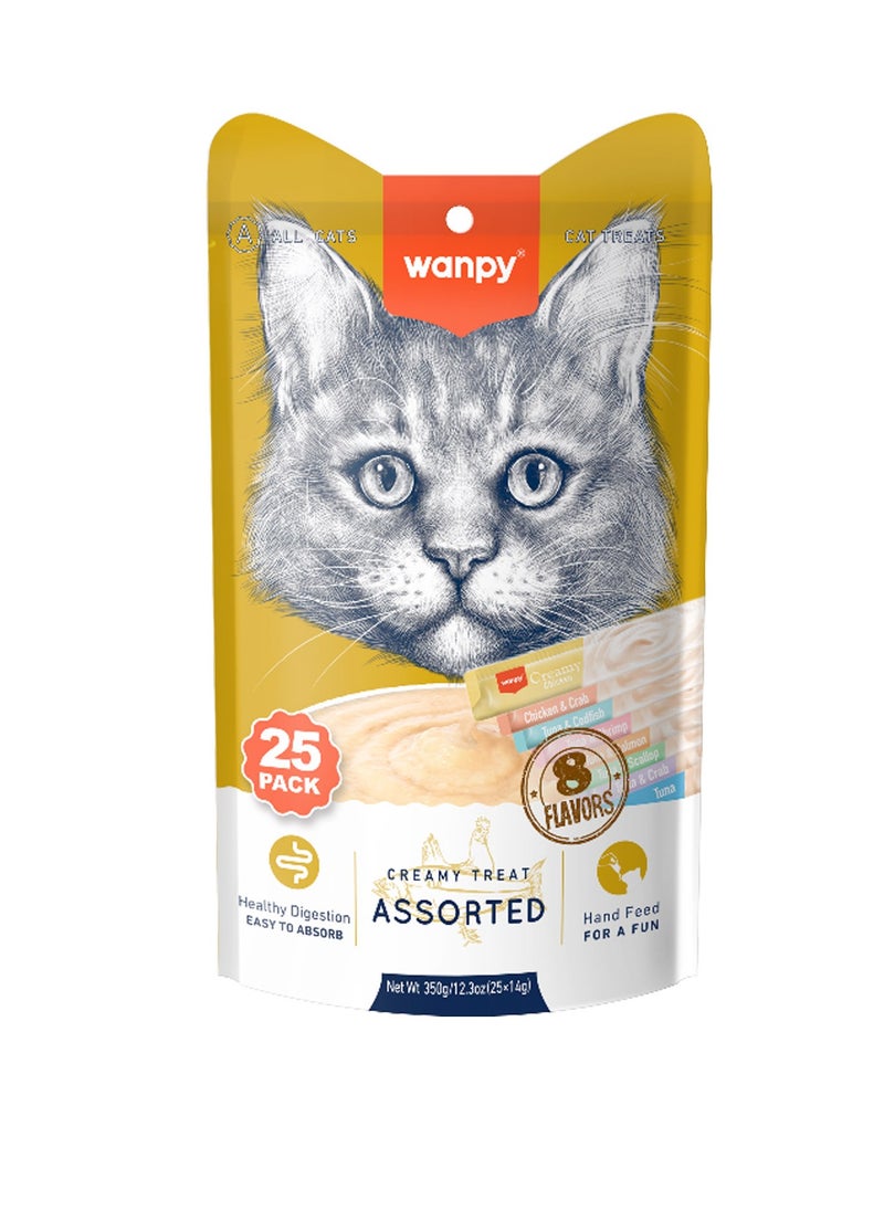 Wanpy Creamy Lickable Cat Treats Assorted – 8 Different Flavors (14g x 25pc)  - Image 1