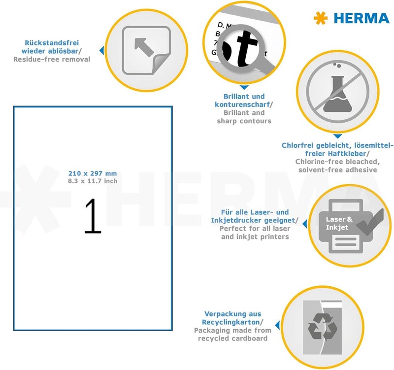 HERMA Self Adhesive Removable Multi-Purpose Labels, 1 Label Per A4 Sheet, 25 Labels For Printers, Large, 210 x 297 mm (10021) All budget friendly options - Image 3