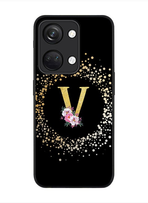 Rugged Black Cover for ONEPLUS NORD 3 5G / OnePlus Ace 2V Case,  Slim Fit Flexible Custom Monogram Initial Letter Floral Pattern Alphabet - V  (Black)