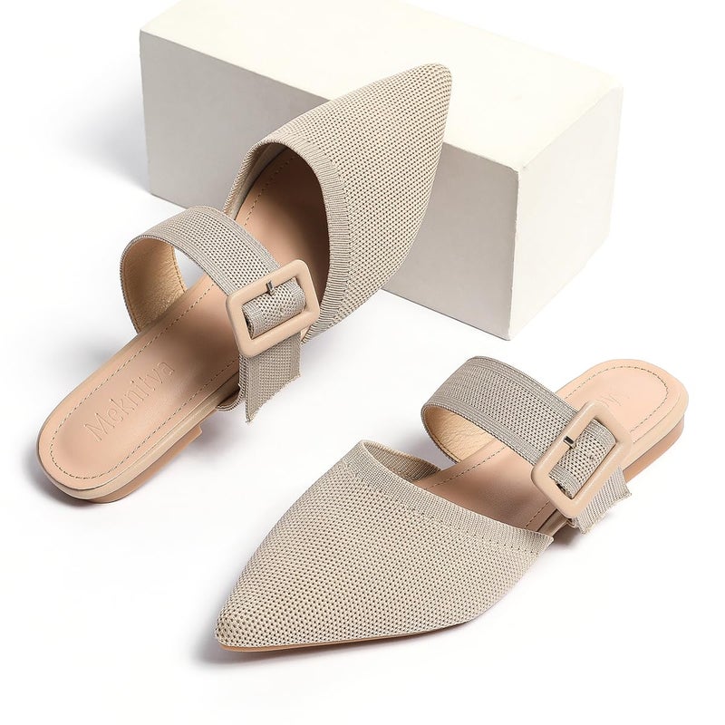 Meknitva Pointed Toe Mules for Women Flatsï¼ŒSlip On Mules Backlessï¼ŒWide Width Mulesï¼Œ Mule Slides for Women Flats Sandals Beige Size 8 - Image 4