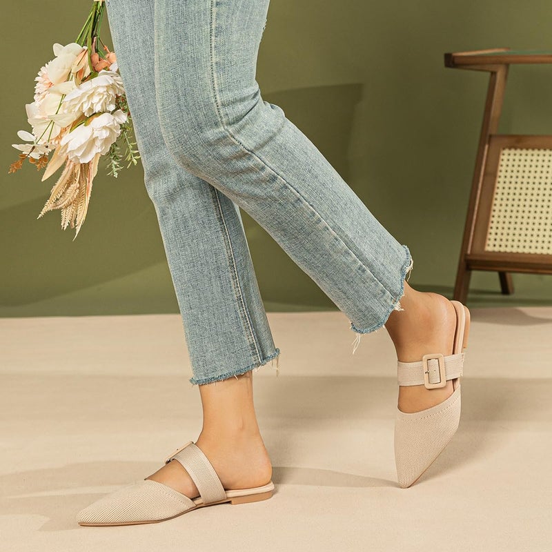 Meknitva Pointed Toe Mules for Women Flatsï¼ŒSlip On Mules Backlessï¼ŒWide Width Mulesï¼Œ Mule Slides for Women Flats Sandals Beige Size 8 - Image 5