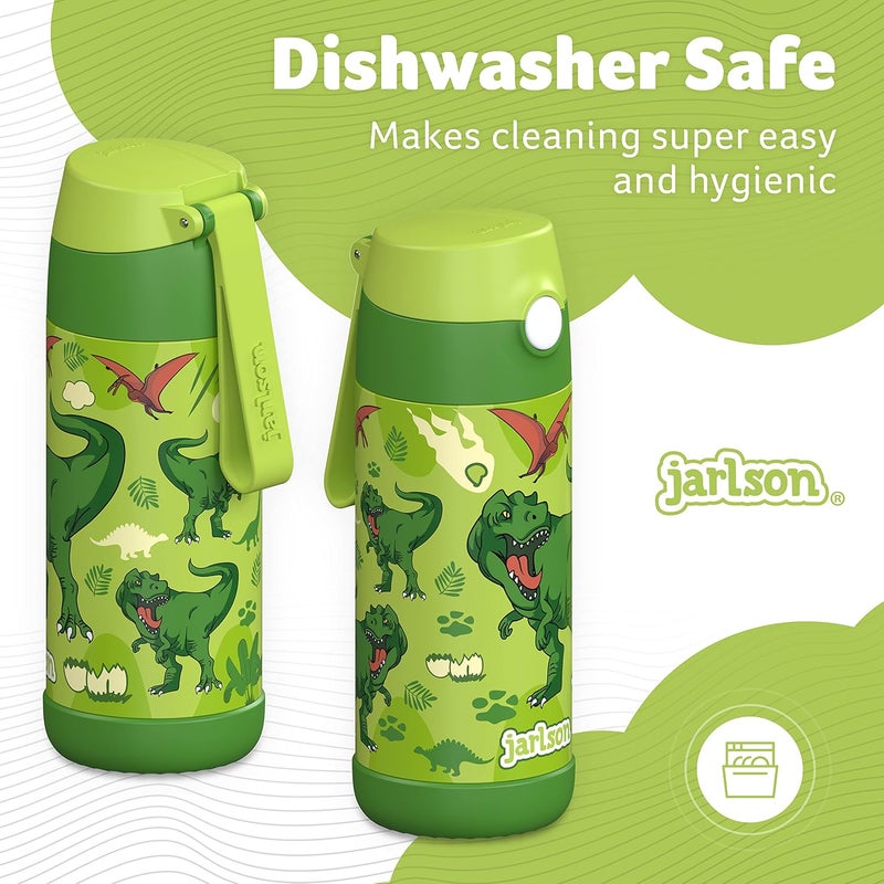 Jarlson جارلسون - قارورة مياه أطفال فولاذية مقاومة للصدأ – 350 مل – خالية من BPA – مع قشة – للمدرسة والرياضة ورياض الأطفال (ديناصور، 350 مل) - Image 4