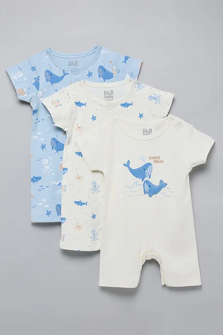R&B 3 Pack Printed Rompers with Short Sleeves