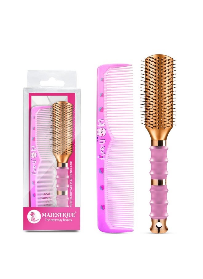 MAJESTIQUE Majestique Premium Flat Hair Brush with Comb | Perfect Detangling Combo, Reduces Hair Breakage | Ideal for All Hair Types | Compact & Stylish Design for Women & Kids - 2Pcs  - Image 1