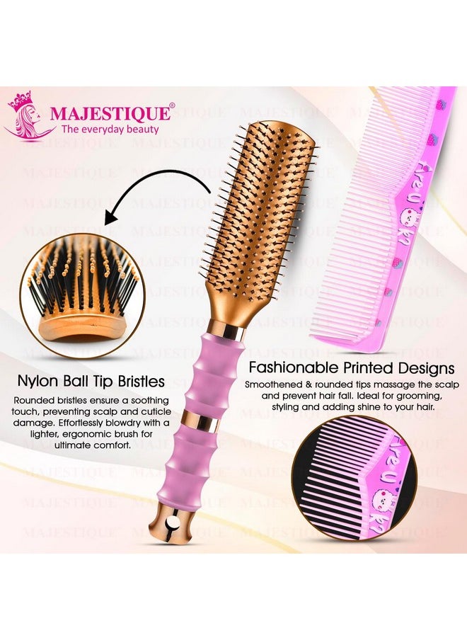 MAJESTIQUE Majestique Premium Flat Hair Brush with Comb | Perfect Detangling Combo, Reduces Hair Breakage | Ideal for All Hair Types | Compact & Stylish Design for Women & Kids - 2Pcs  - Image 4