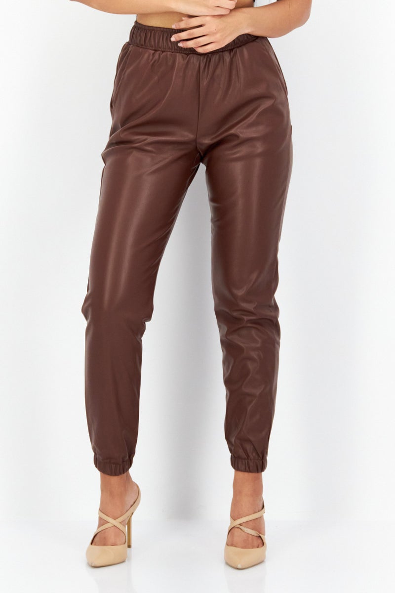 Weworewhat Women Solid Pull-On Leather Jogger Pants, Brown  - Image 1