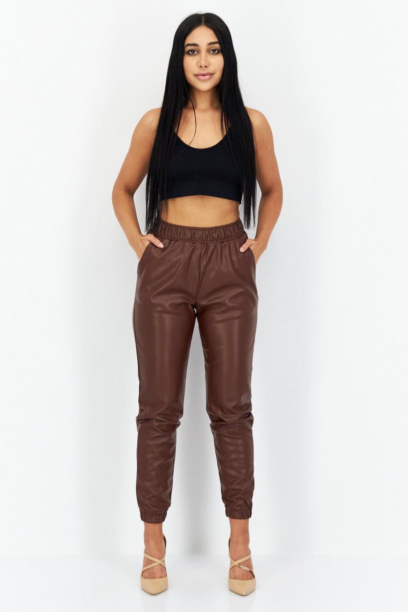 Weworewhat Women Solid Pull-On Leather Jogger Pants, Brown - Image 3