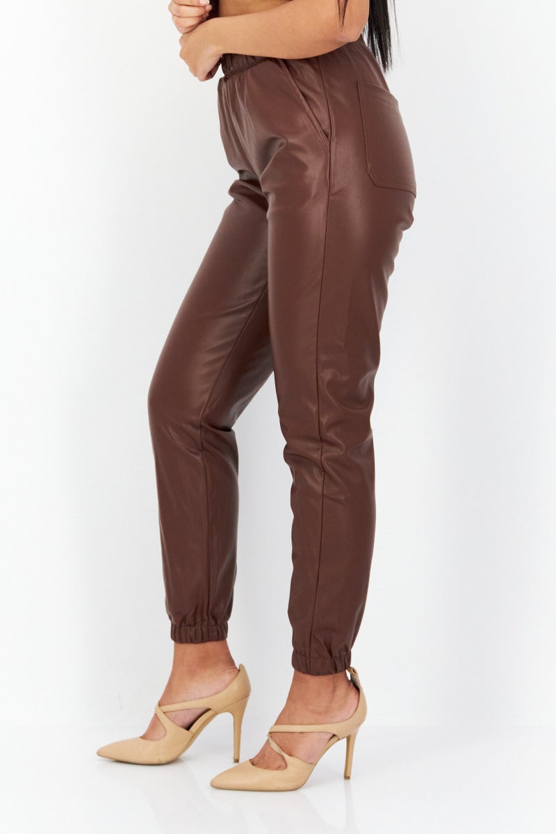 Weworewhat Women Solid Pull-On Leather Jogger Pants, Brown - Image 4