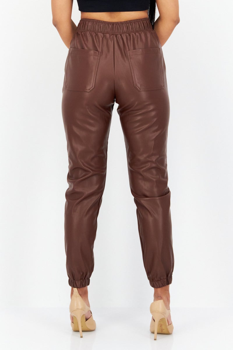 Weworewhat Women Solid Pull-On Leather Jogger Pants, Brown - Image 2