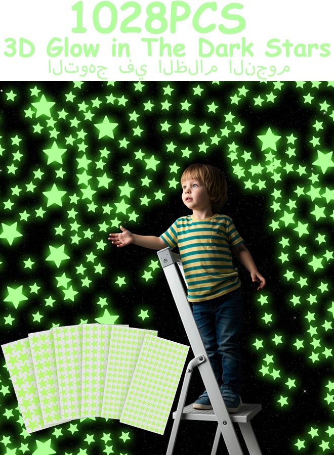 1028 Pcs 3D Glow in The Dark Stars Stickers Ceiling Wall Decorations Kids Bedrooms Nurseries Playrooms Living Spaces for Room Makeovers DIY  Birthday Parties Sleepovers Themed Events Ideal Gift - Image 1
