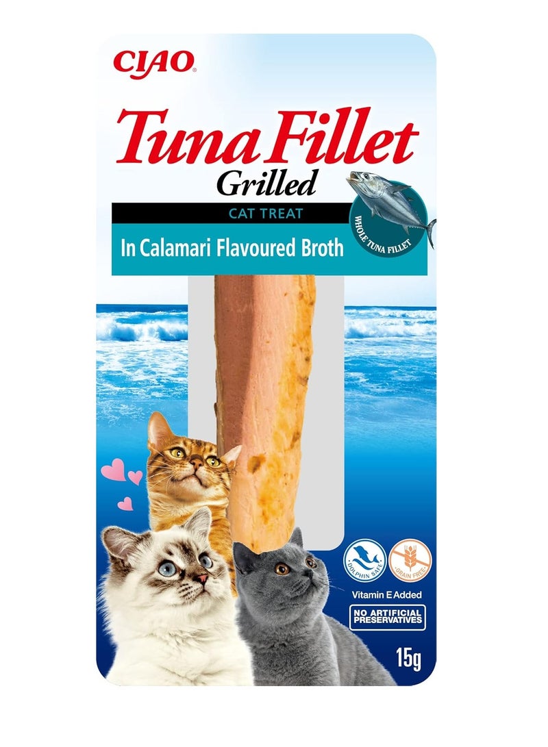 INABA Ciao Grilled Tuna Fillet in Calamari Flavoured Broth by Inaba 1 Pack 15g Cat Treat Delicious and Healthy Snack Food Topper Pill Assist Training Treat Natural Grain Free - Image 1