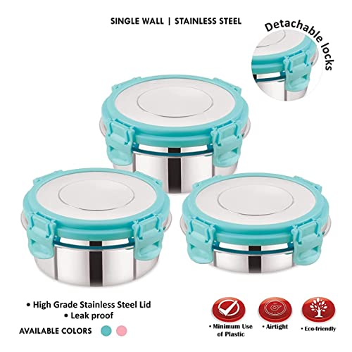 LIPSA ENTERPRISE Leak Proof Click and Seal Lock Stainless Steel Storage/Air Tight Tiffin Container/Lunch Container with lid (150+250+350 ml FUSION) - Image 3