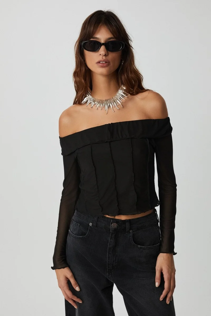 جريميلانج Nerys Women's Strapless Neck Open Shoulder Long Sleeve Slim Fit Black Blouse