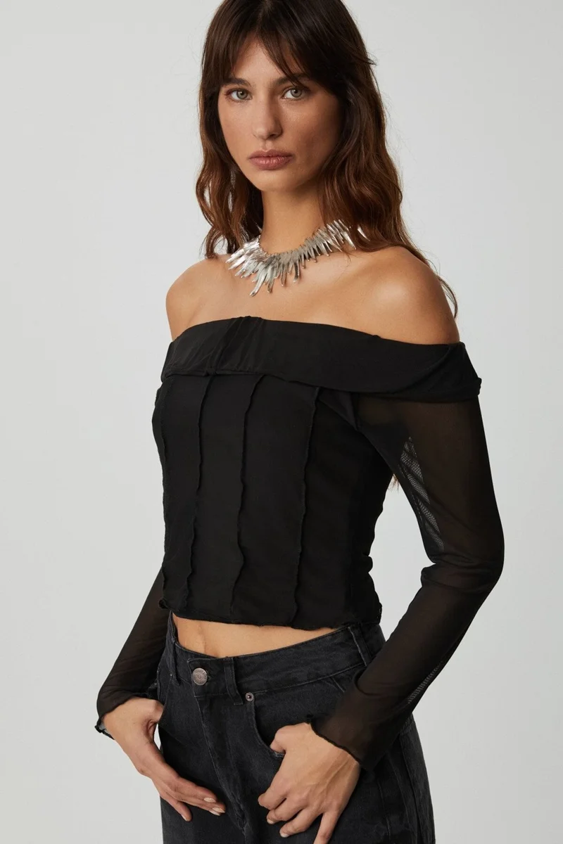 جريميلانج Nerys Women's Strapless Neck Open Shoulder Long Sleeve Slim Fit Black Blouse