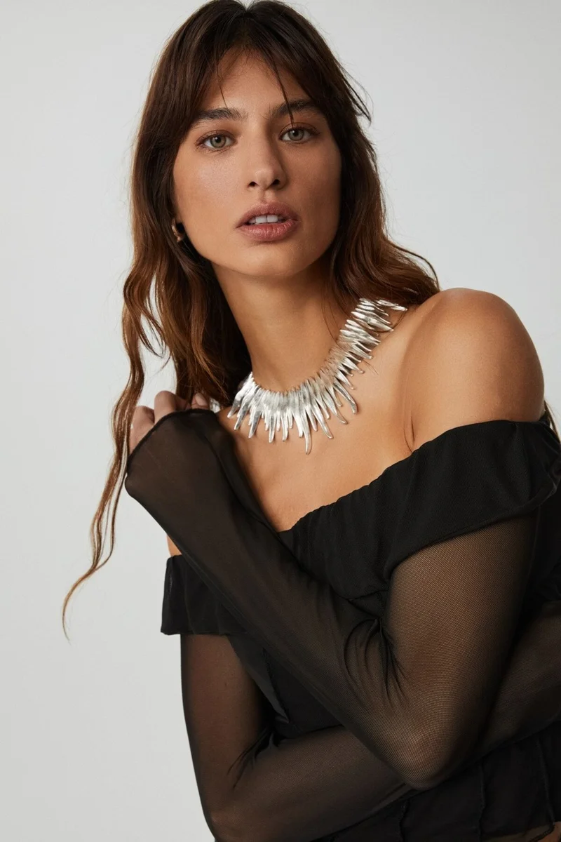 جريميلانج Nerys Women's Strapless Neck Open Shoulder Long Sleeve Slim Fit Black Blouse