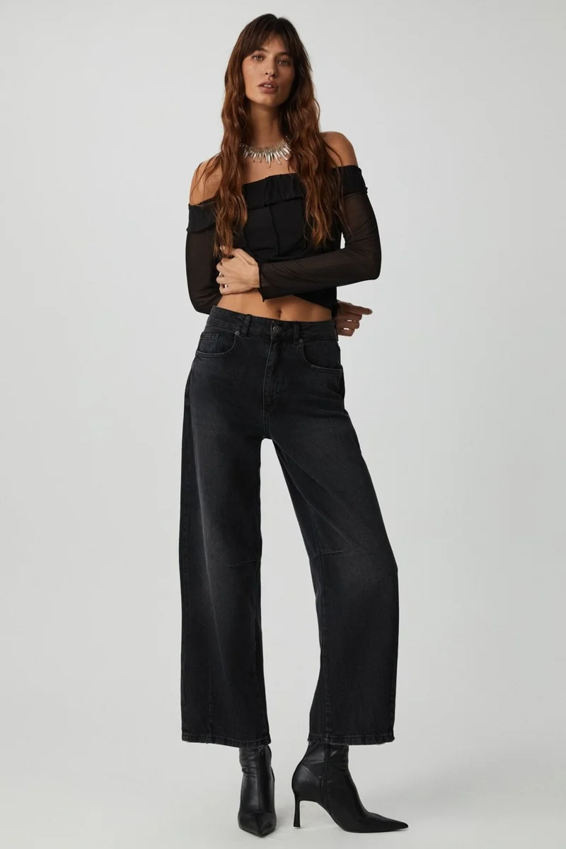 جريميلانج Nerys Women's Strapless Neck Open Shoulder Long Sleeve Slim Fit Black Blouse