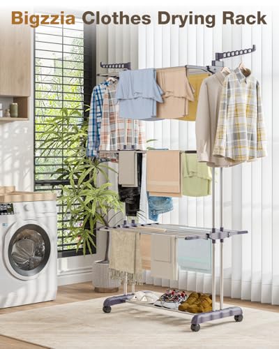 Bigzzia Clothes Drying Rack Folding Drying Rack Clothing 4 Tier Clothes Horses Rack Stainless Steel Laundry Drying Rack with Two Side Wings Grey - Image 2