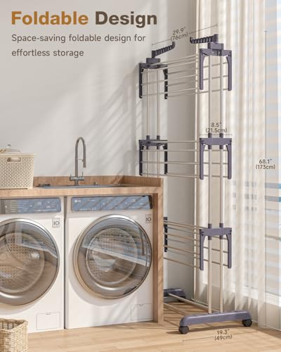 Bigzzia Clothes Drying Rack Folding Drying Rack Clothing 4 Tier Clothes Horses Rack Stainless Steel Laundry Drying Rack with Two Side Wings Grey - Image 4