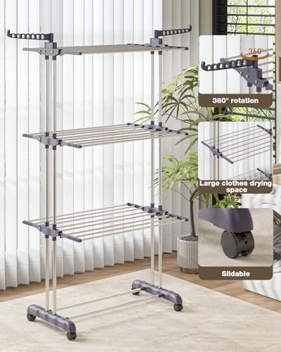 Bigzzia Clothes Drying Rack Folding Drying Rack Clothing 4 Tier Clothes Horses Rack Stainless Steel Laundry Drying Rack with Two Side Wings Grey - Image 3
