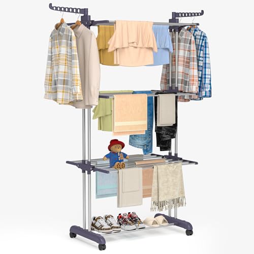 Bigzzia Clothes Drying Rack Folding Drying Rack Clothing 4 Tier Clothes Horses Rack Stainless Steel Laundry Drying Rack with Two Side Wings Grey - Image 1