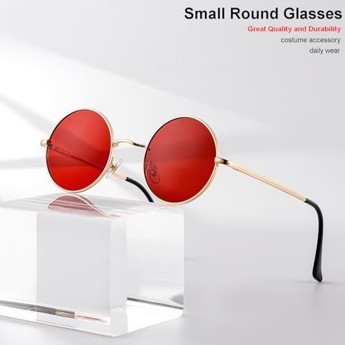 Gleyemor Polarized Round Sunglasses for Men Women Hippie Small Circle Glasses Red Yellow Lenses (Gold/Clear Red) - Image 3