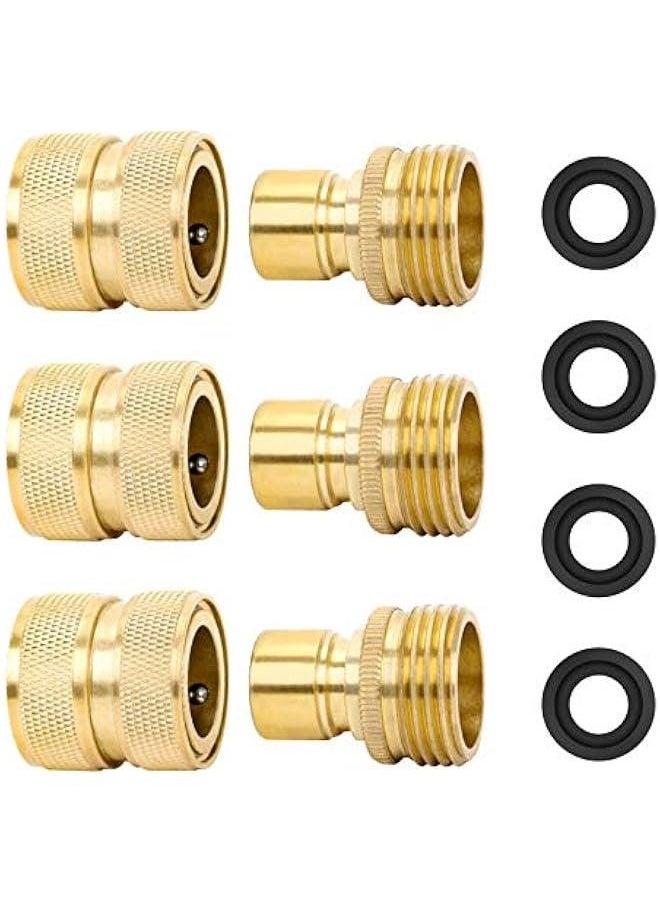 Generic Brass Full Flow Garden Hose Quick Release Connect Adaptor Fitting, Full Port Solid Brass Outdoor Water Hose Quick Disconnect Connector Coupler with Male and Female, with 4 Hose Washers - 3 Sets  - Image 1