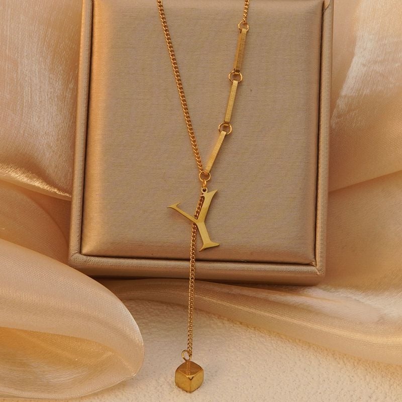 Vital Titanium Steel Tassel Collarbone Necklace for Women, 26 Letter Initial Pendant, Fade-Resistant Minimalist Jewelry