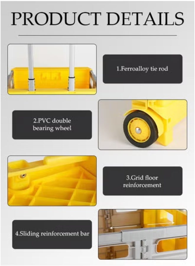 DUNISO عربة تسوق قابلة للطي، عربة محمولة غير مغطاة مزودة بعجلتين، ارتفاع قابل للتعديل، مناسبة للتنقل، تسوق البقالة، الأمتعة، صفراء - Image 4