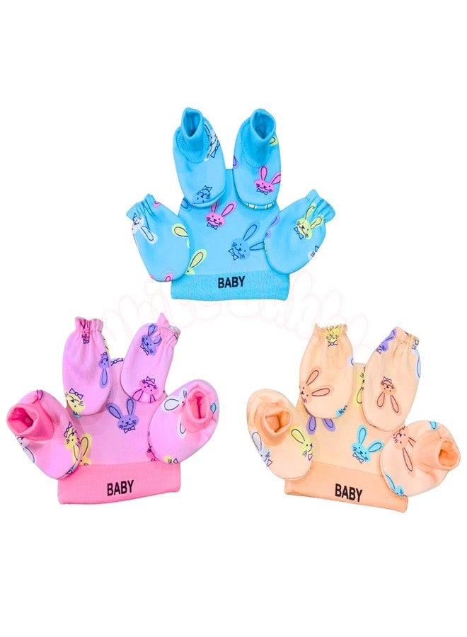 White Bubble Newborn Cap Mitten Booties Combo | Winter Special | Soft Skin Friendly | 0-12 Months | Unisex Printed | Pack of 3 | Multicolor | Random Color & Design - Image 1
