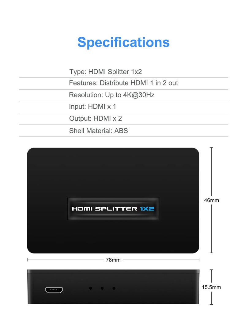SYOSI HDMI Splitter 1x2 Full HD 1080P@60Hz for Dual Monitors HDMI 1 Source to 2 Displays Splitter 1 in 2 Out 4K HDMI@30Hz Splitter Compatible with HDTV Laptop PS5 4 3 Switch Xbox DVD Stick Xbox Roku - Image 2